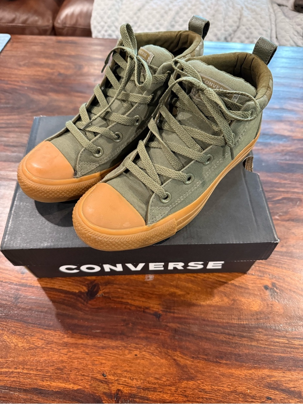 Converse Olive Green High-Top Sneakers with Gum Toe and Sole
